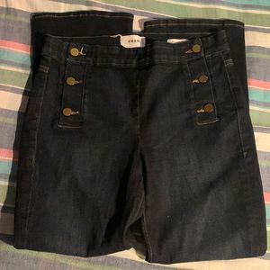Frame denim, Le crop mini boot. Sz 29. Dark denim stretch, gold buttons.